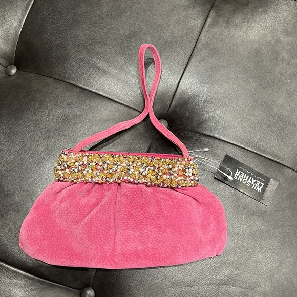 Wilsons Leather Pink Suede Clutch with Pearl, Silver Metallic Bead & Gold Sequin - Picture 2 of 5